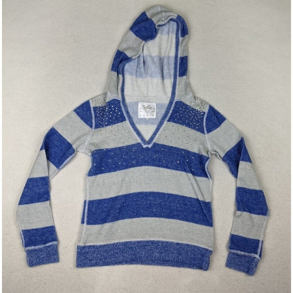 JUSTICE - GIRL'S BLUE & GRAY STRIPED HOODED SWEATER - SIZE 10